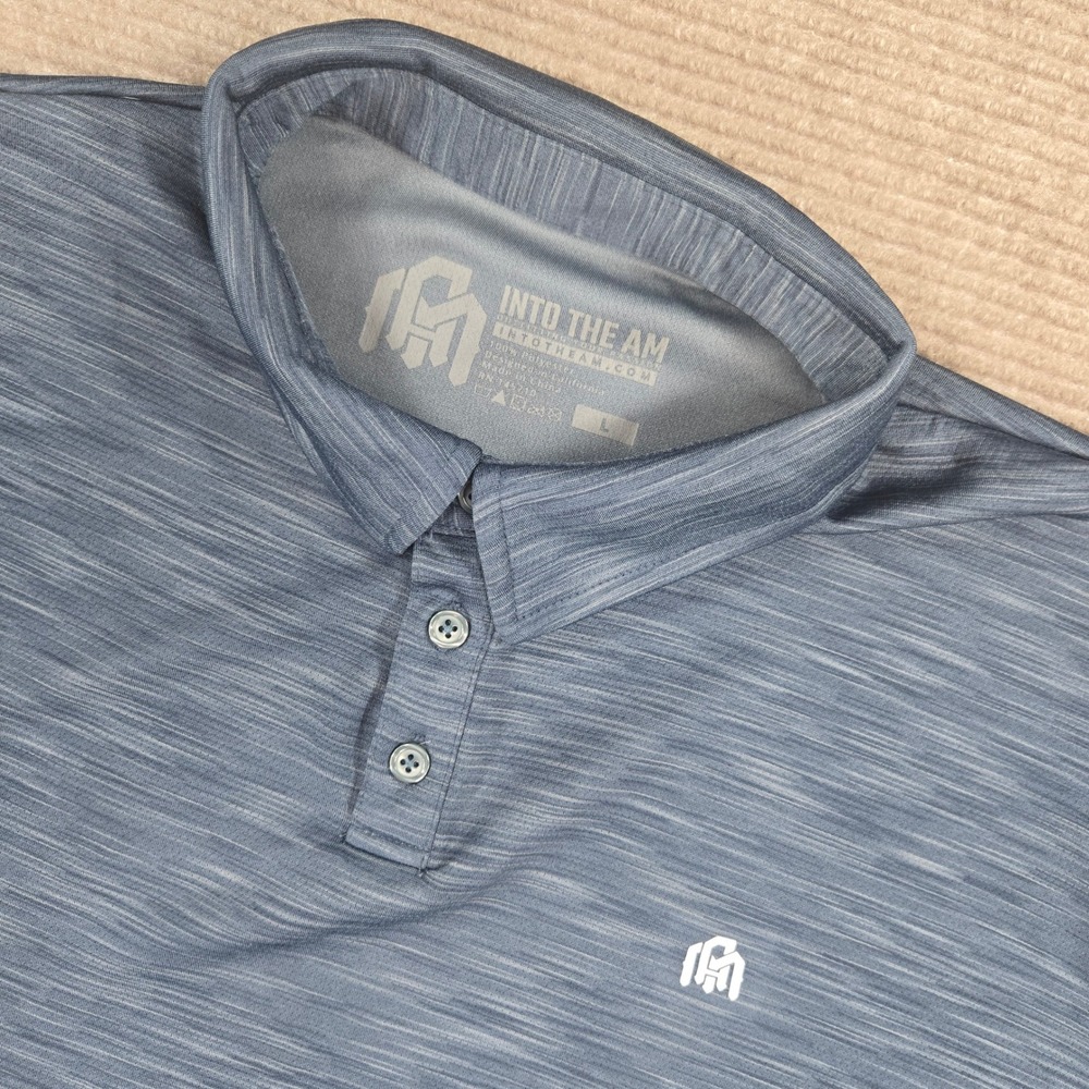Into The AM Mens Large Blue Heathered Space Dye Performance Polo Shirt